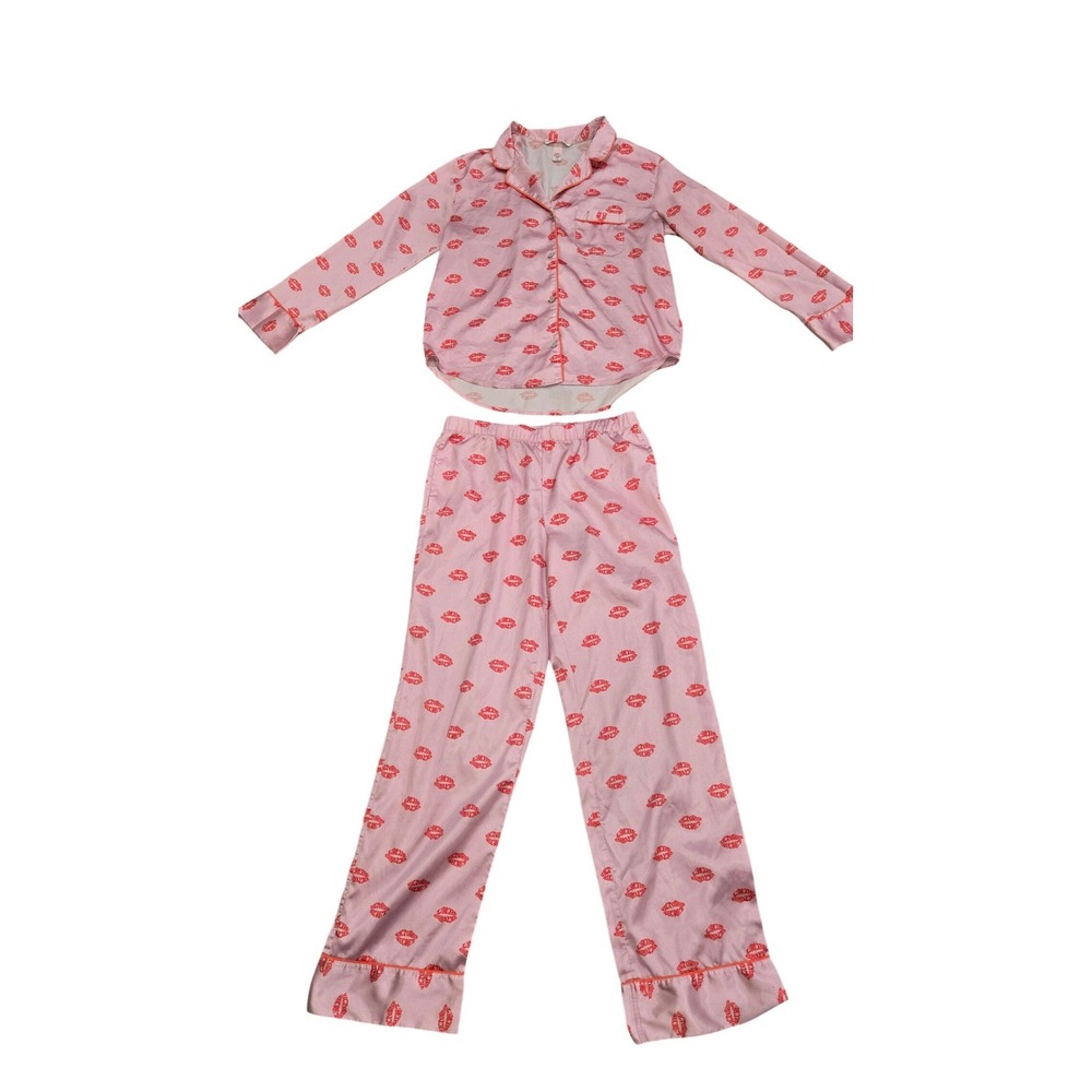 Victorias Secret Pink Satin Lips Pajama Set Medium Long Sleeve Button Up Pants